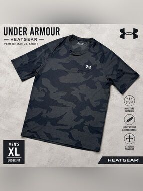 Under Armour XL Black Gray Camo HeatGear Performance Athletic Shirt